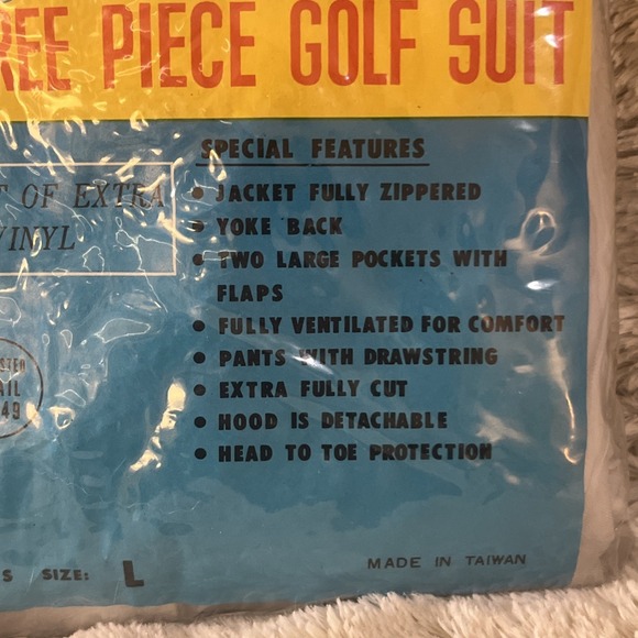 NOS Vintage Retco Vinyl 3 Piece Golf Suit W/hood Size L Rain Gear New in Pack - Picture 2 of 7